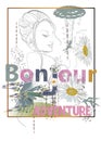 Slogan design print with the word bonjour, a beautiful girl, tropical leaves and flowers decorated with colorful mosaics.